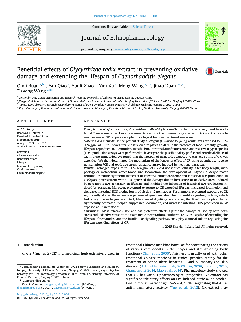 Beneficial effects of Glycyrrhizae radix extract in preventing oxidative damage and extending the lifespan of Caenorhabditis elegans