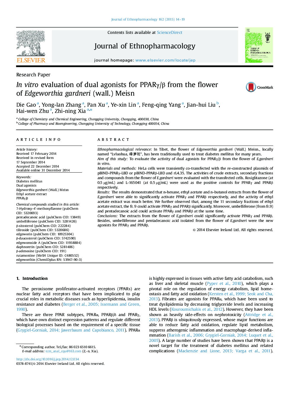 In vitro evaluation of dual agonists for PPARÎ³/Î² from the flower of Edgeworthia gardneri (wall.) Meisn