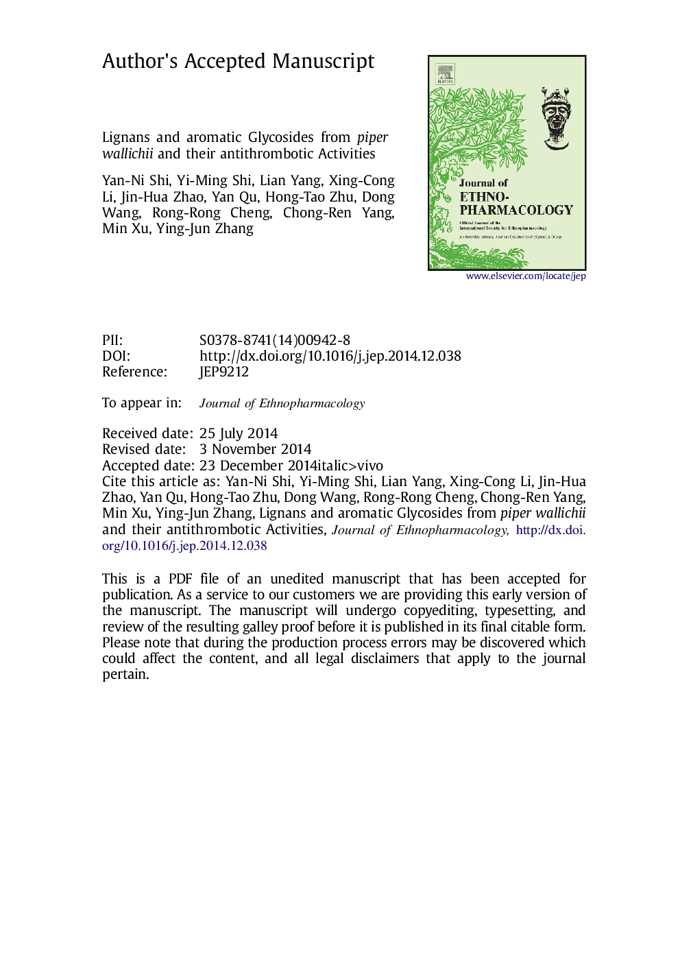 Lignans and aromatic glycosides from Piper wallichii and their antithrombotic activities