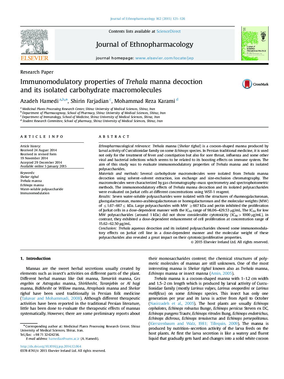 Research PaperImmunomodulatory properties of Trehala manna decoction and its isolated carbohydrate macromolecules