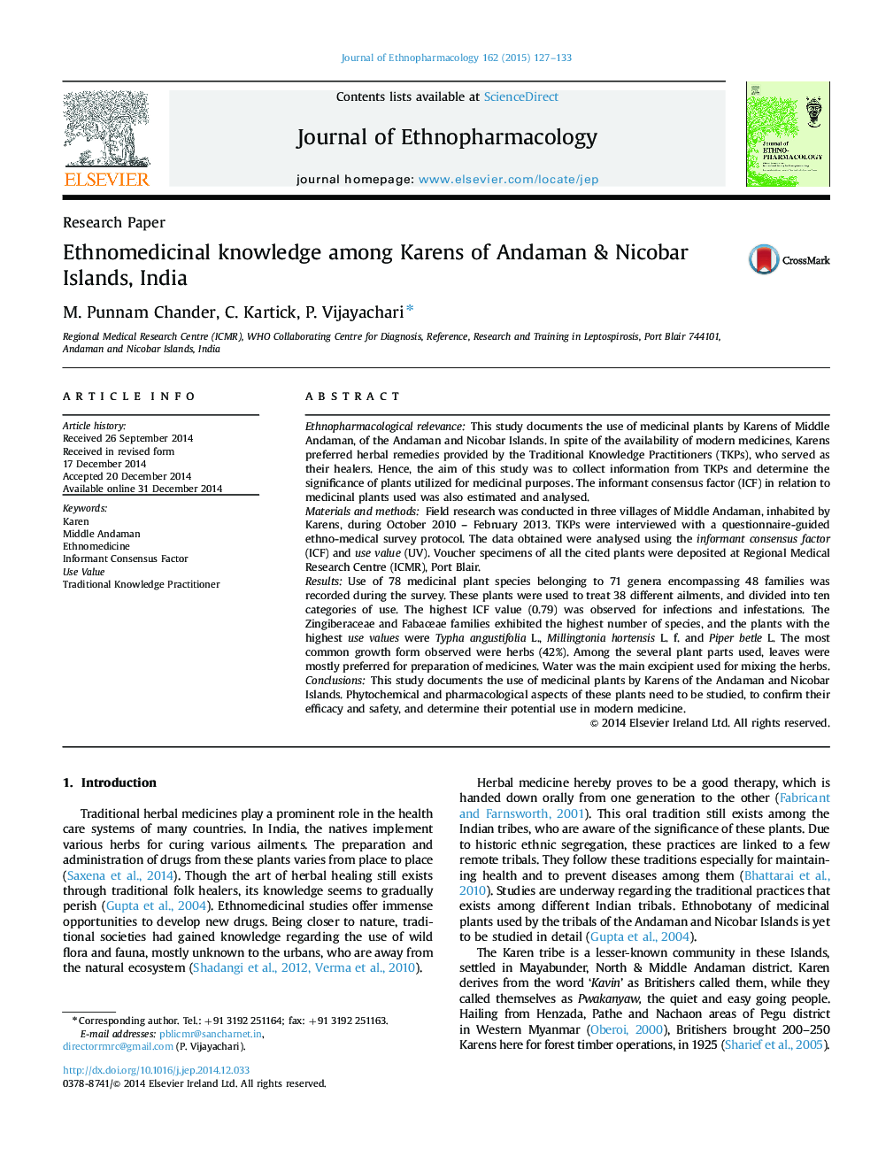 Research PaperEthnomedicinal knowledge among Karens of Andaman & Nicobar Islands, India