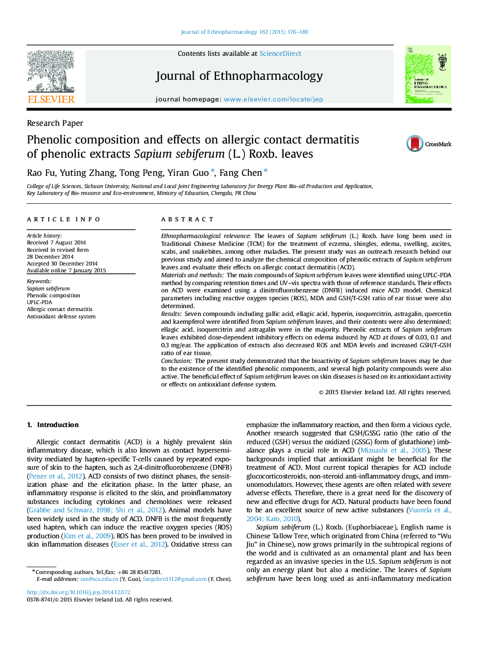 Phenolic composition and effects on allergic contact dermatitis of phenolic extracts Sapium sebiferum (L.) Roxb. leaves