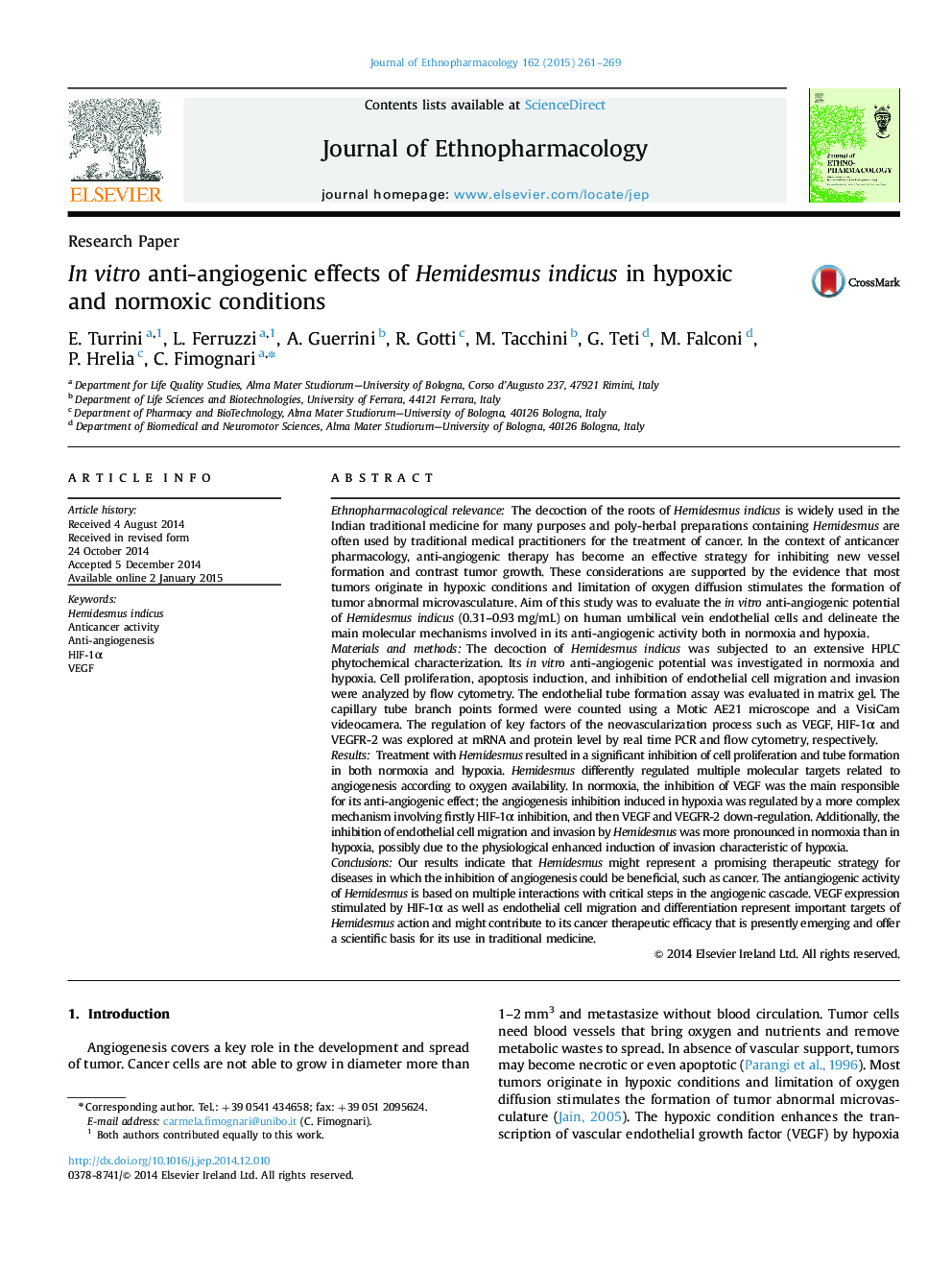 In vitro anti-angiogenic effects of Hemidesmus indicus in hypoxic and normoxic conditions