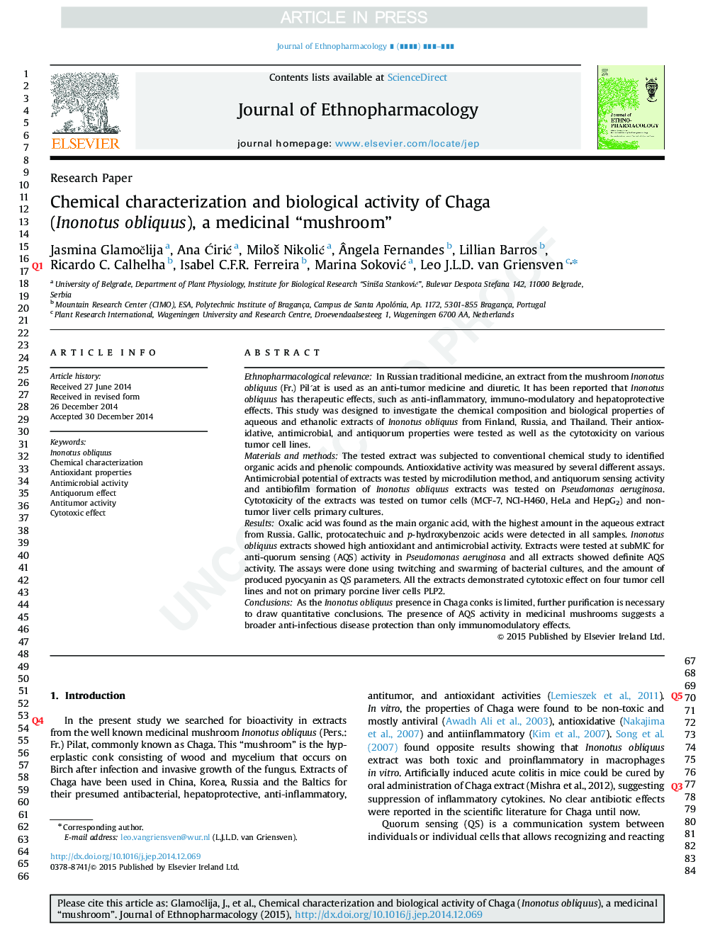 Chemical characterization and biological activity of Chaga (Inonotus obliquus), a medicinal “mushroom”