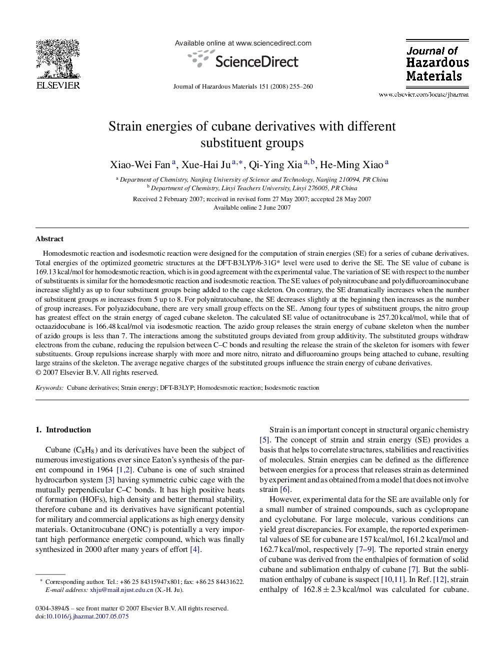 Strain energies of cubane derivatives with different substituent groups