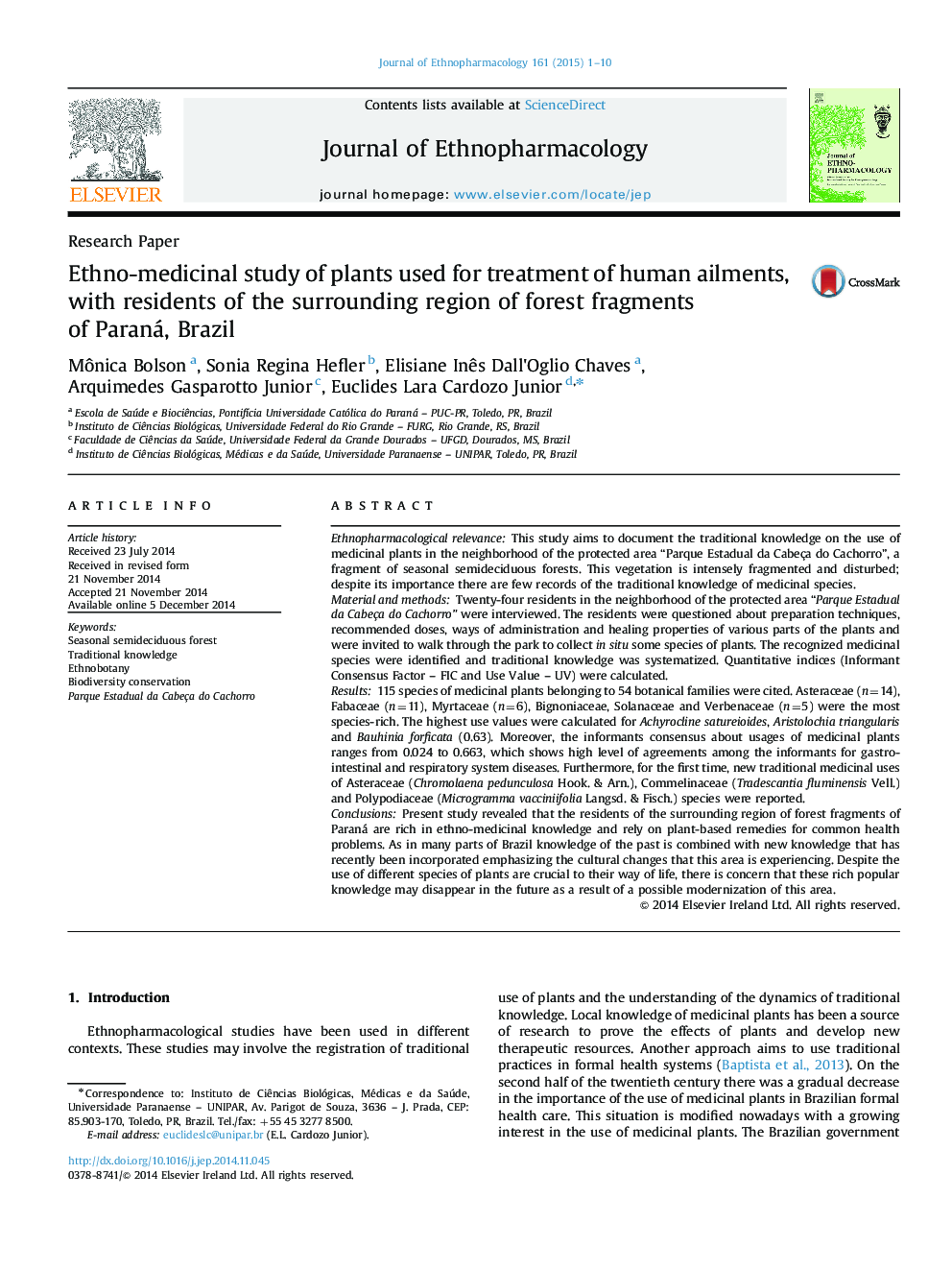 Ethno-medicinal study of plants used for treatment of human ailments, with residents of the surrounding region of forest fragments of Paraná, Brazil