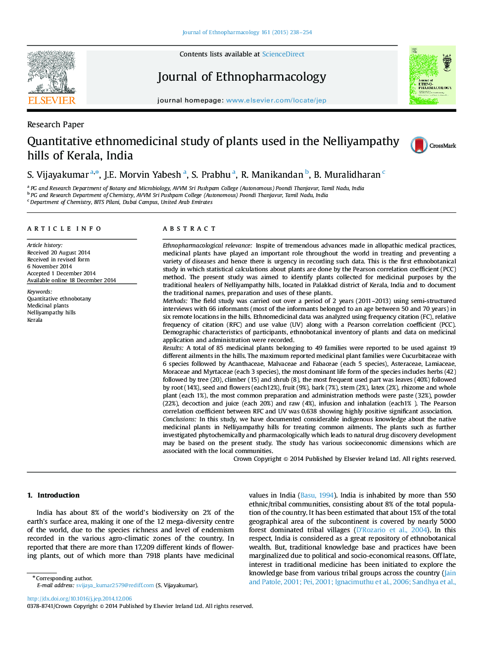 مقاله پژوهشی مطالعات جمعیت شناختی گیاهان مورد استفاده در تپه های نلییپمپتی کرالا، هند 