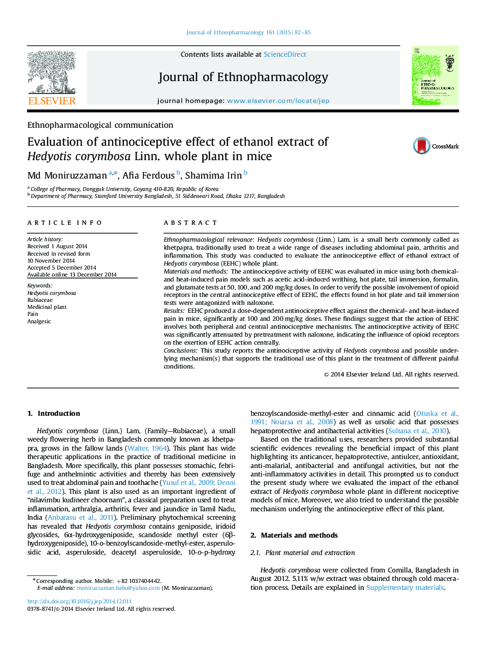 Ethnopharmacological communicationEvaluation of antinociceptive effect of ethanol extract of Hedyotis corymbosa Linn. whole plant in mice