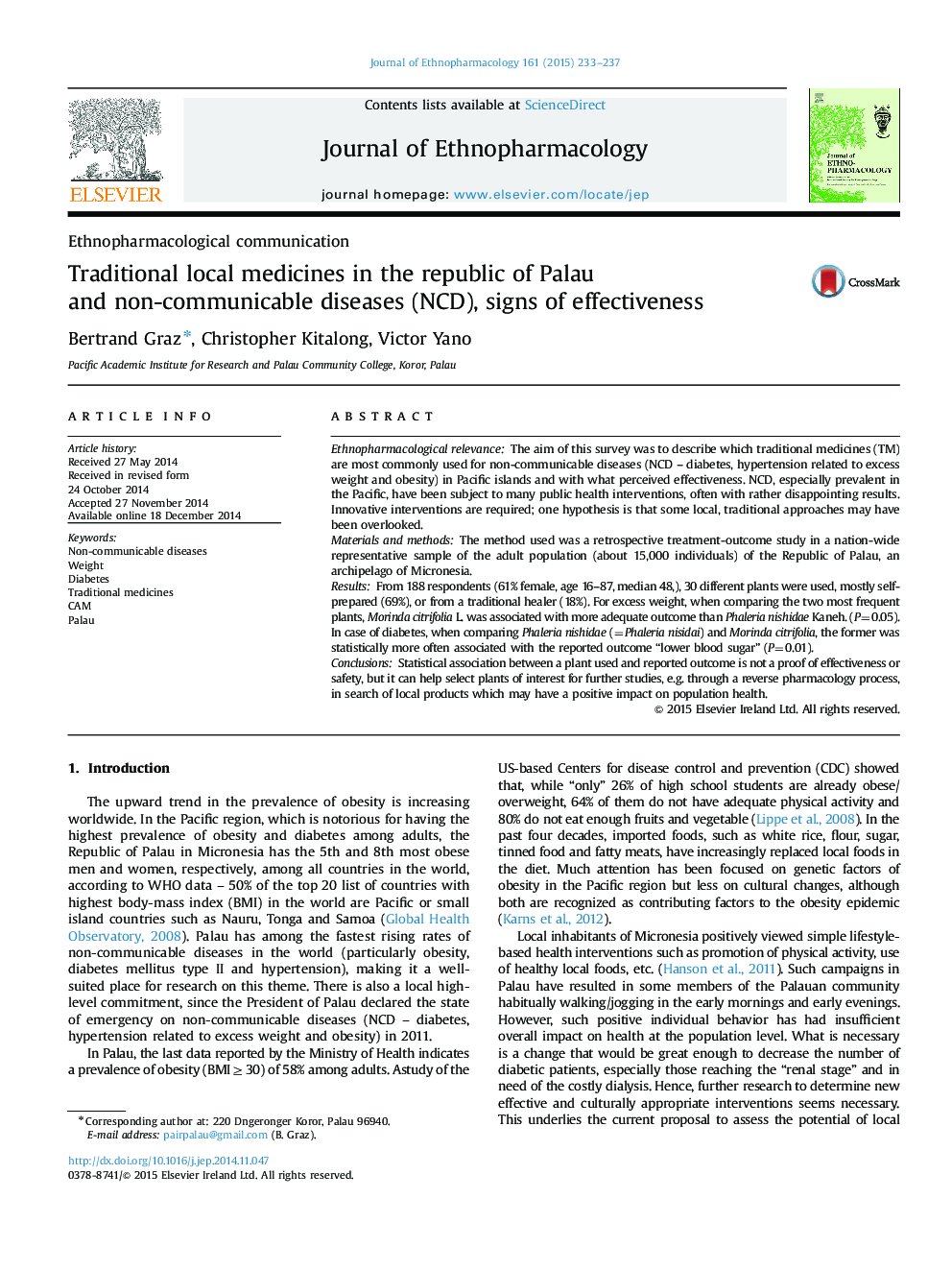 Ethnopharmacological communicationTraditional local medicines in the republic of Palau and non-communicable diseases (NCD), signs of effectiveness