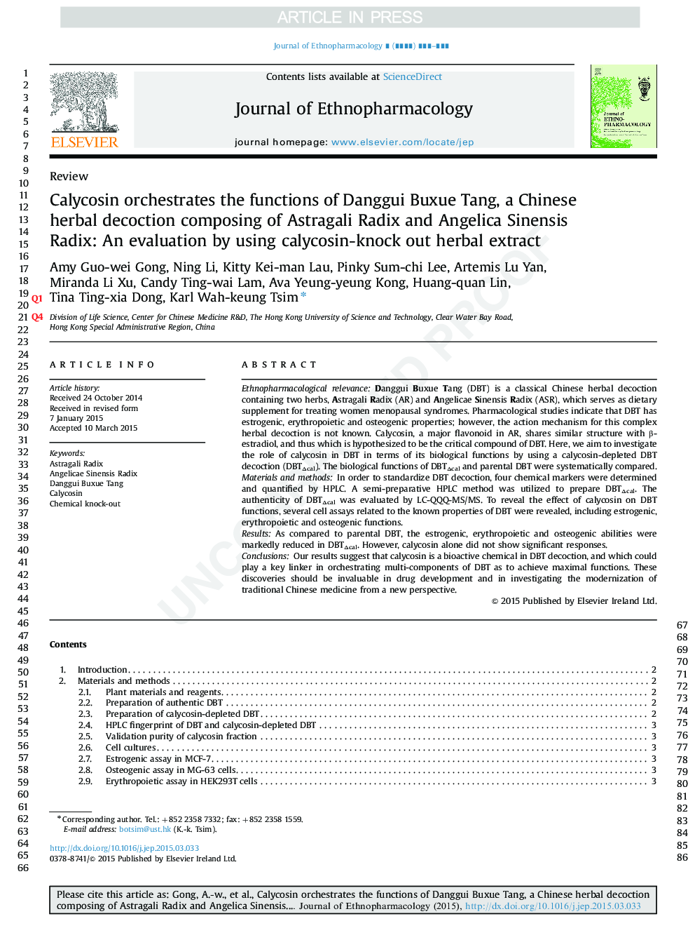 Calycosin orchestrates the functions of Danggui Buxue Tang, a Chinese herbal decoction composing of Astragali Radix and Angelica Sinensis Radix: An evaluation by using calycosin-knock out herbal extract