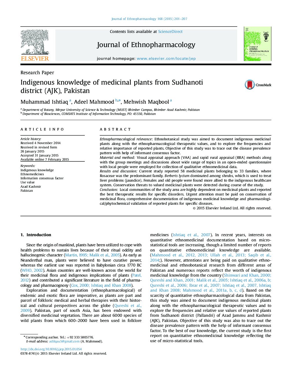 Research PaperIndigenous knowledge of medicinal plants from Sudhanoti district (AJK), Pakistan