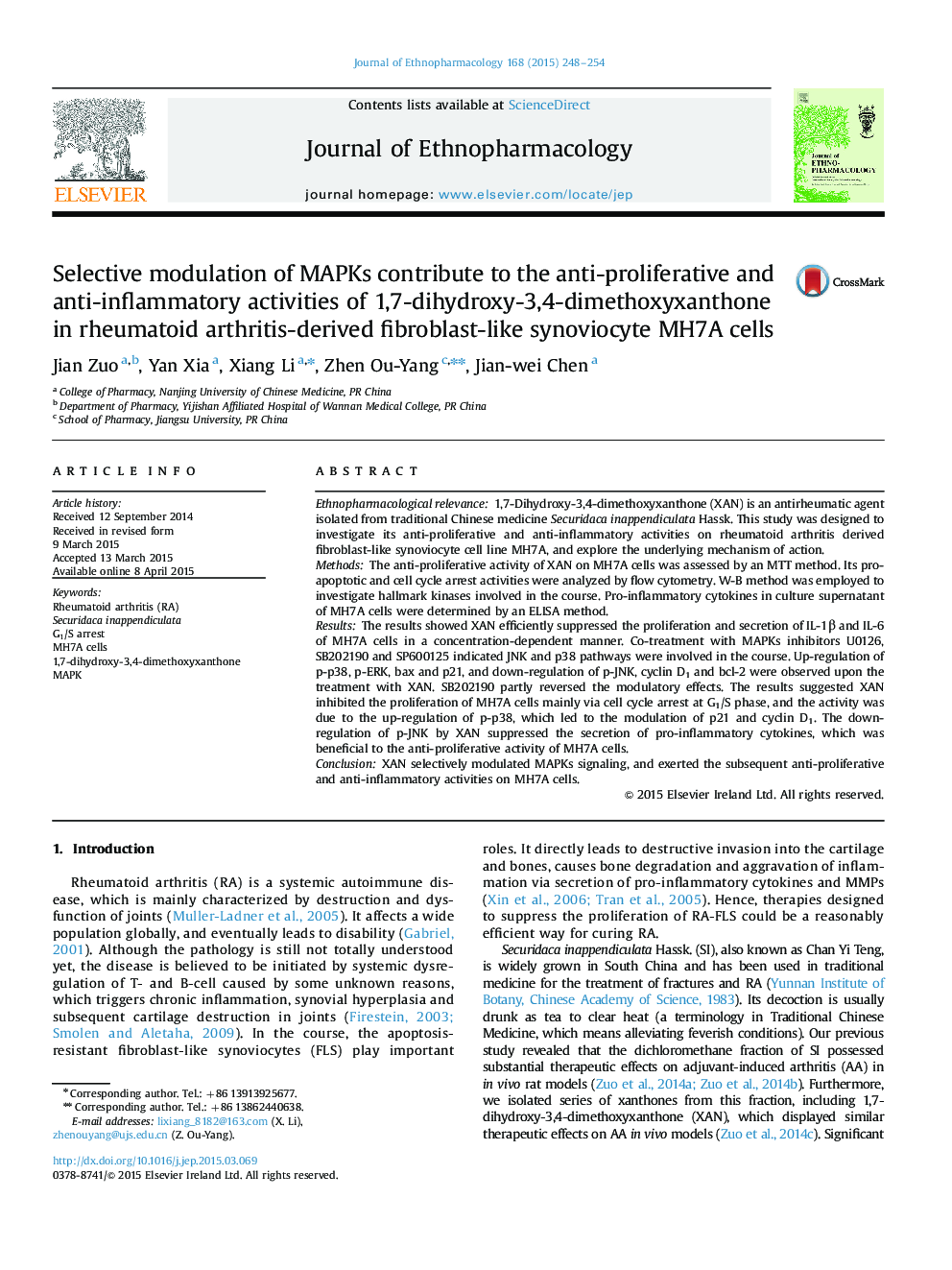 Selective modulation of MAPKs contribute to the anti-proliferative and anti-inflammatory activities of 1,7-dihydroxy-3,4-dimethoxyxanthone in rheumatoid arthritis-derived fibroblast-like synoviocyte MH7A cells