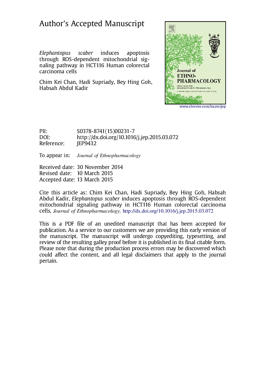 Elephantopus scaber induces apoptosis through ROS-dependent mitochondrial signaling pathway in HCT116 human colorectal carcinoma cells