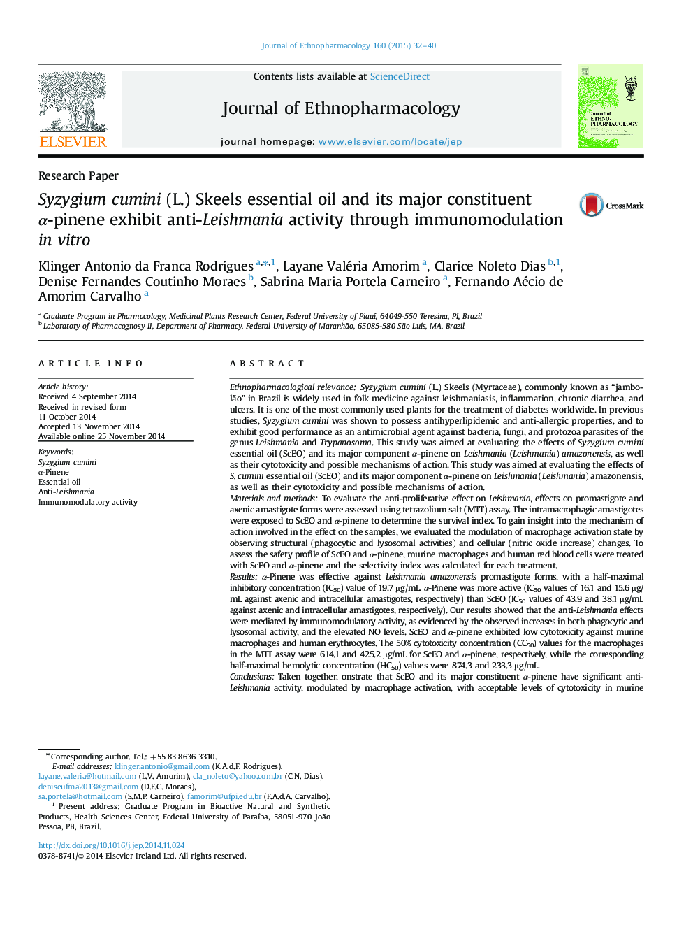 Syzygium cumini (L.) Skeels essential oil and its major constituent Î±-pinene exhibit anti-Leishmania activity through immunomodulation in vitro