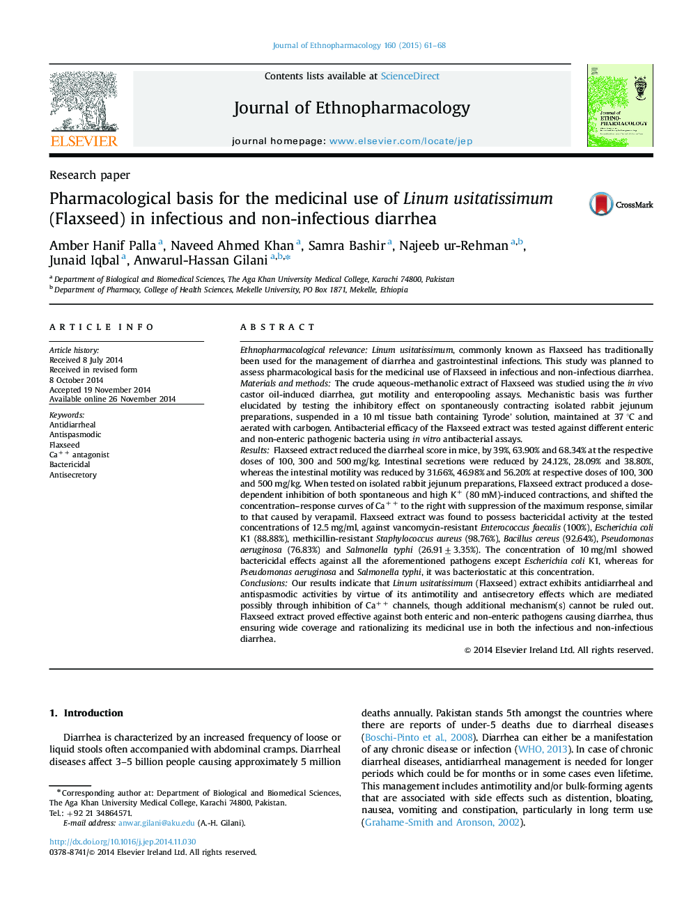 Pharmacological basis for the medicinal use of Linum usitatissimum (Flaxseed) in infectious and non-infectious diarrhea