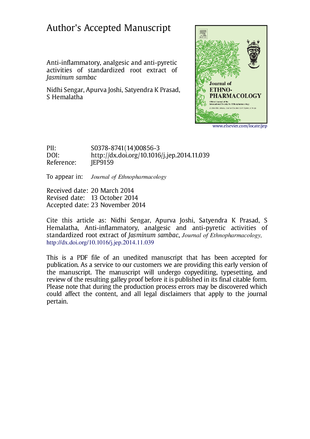 فعالیت ضد التهابی، ضد درد و ضد پیریت عصاره ریشه استاندارد یاسمینوم سمباک 
