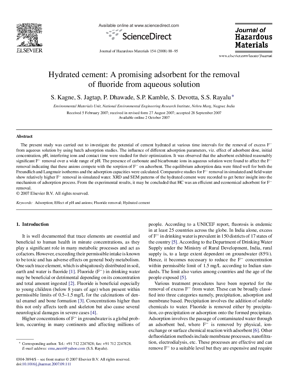 Hydrated cement: A promising adsorbent for the removal of fluoride from aqueous solution