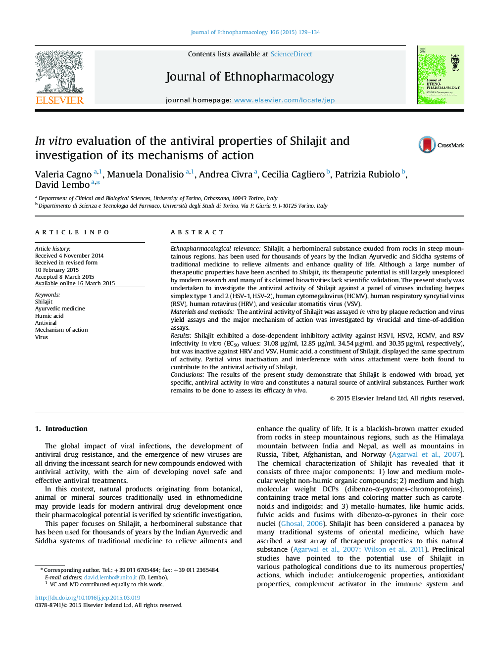 In vitro evaluation of the antiviral properties of Shilajit and investigation of its mechanisms of action