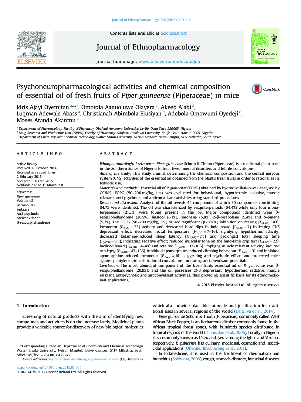 Psychoneuropharmacological activities and chemical composition of essential oil of fresh fruits of Piper guineense (Piperaceae) in mice