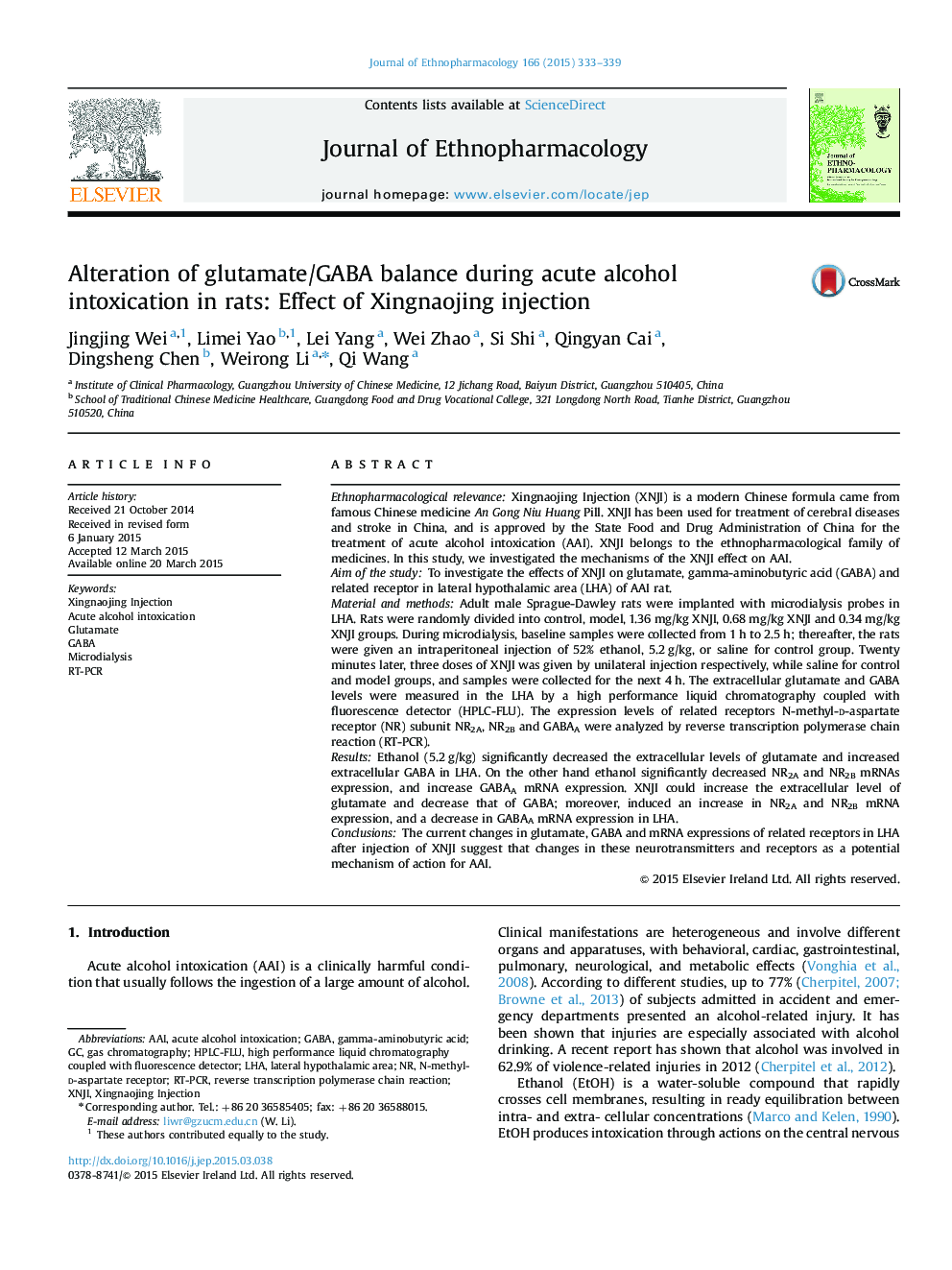 Alteration of glutamate/GABA balance during acute alcohol intoxication in rats: Effect of Xingnaojing injection