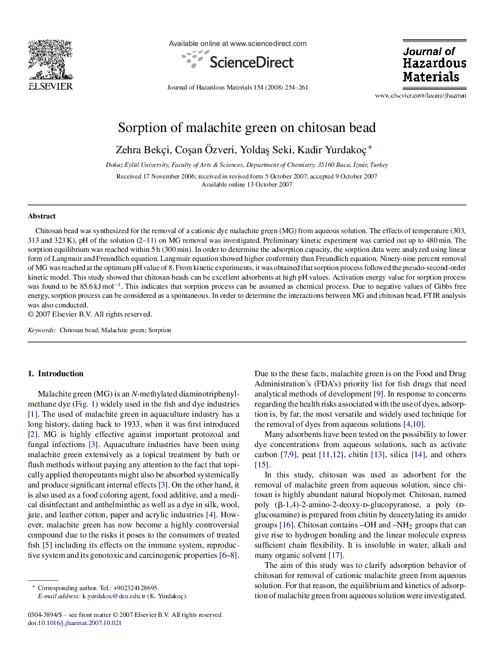 Sorption of malachite green on chitosan bead