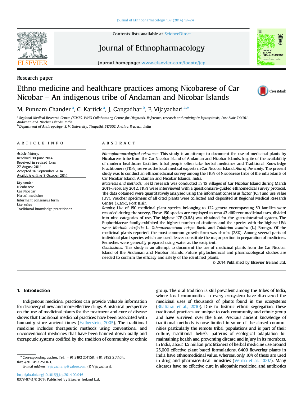 Research paperEthno medicine and healthcare practices among Nicobarese of Car Nicobar - An indigenous tribe of Andaman and Nicobar Islands