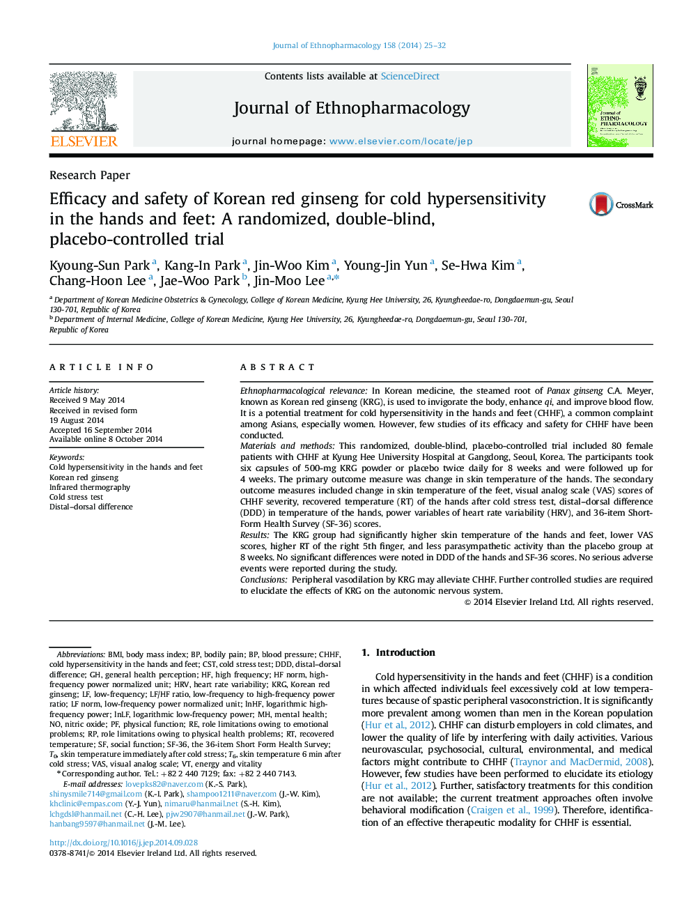 Efficacy and safety of Korean red ginseng for cold hypersensitivity in the hands and feet: A randomized, double-blind, placebo-controlled trial