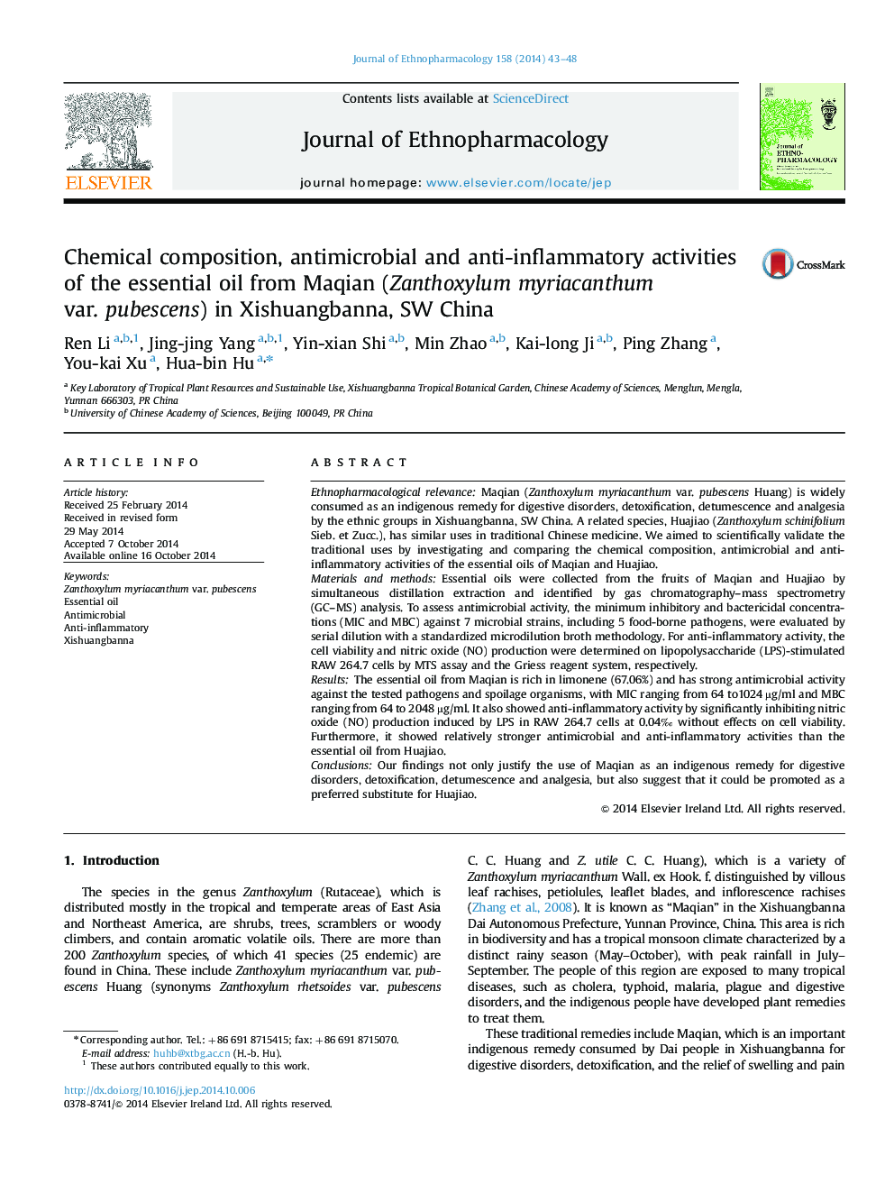 Chemical composition, antimicrobial and anti-inflammatory activities of the essential oil from Maqian (Zanthoxylum myriacanthum var. pubescens) in Xishuangbanna, SW China