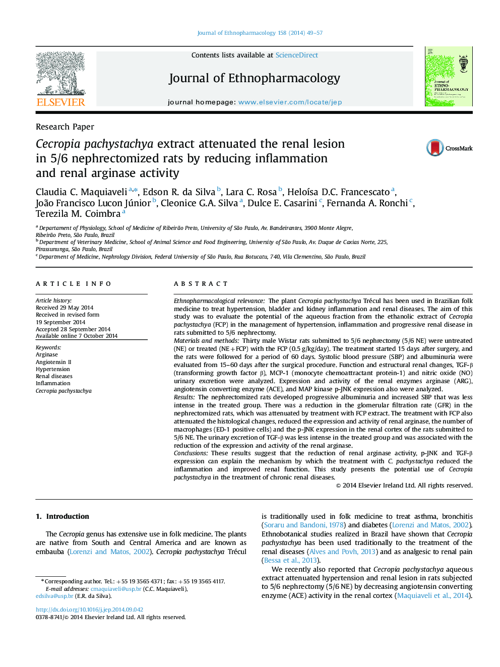 Cecropia pachystachya extract attenuated the renal lesion in 5/6 nephrectomized rats by reducing inflammation and renal arginase activity