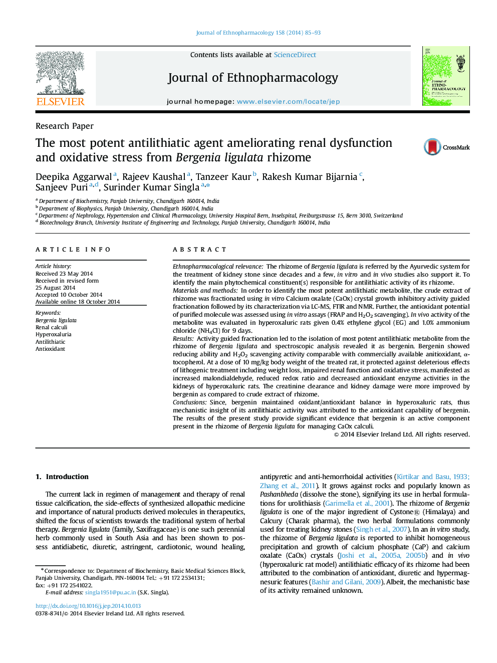 Research PaperThe most potent antilithiatic agent ameliorating renal dysfunction and oxidative stress from Bergenia ligulata rhizome