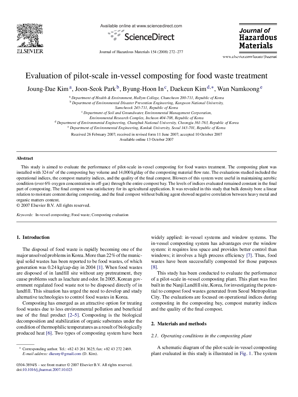 Evaluation of pilot-scale in-vessel composting for food waste treatment