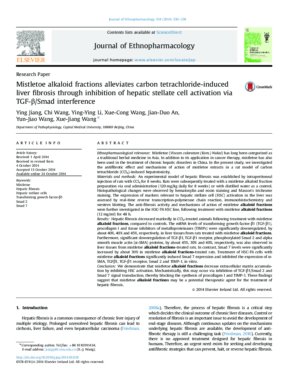 Mistletoe alkaloid fractions alleviates carbon tetrachloride-induced liver fibrosis through inhibition of hepatic stellate cell activation via TGF-Î²/Smad interference