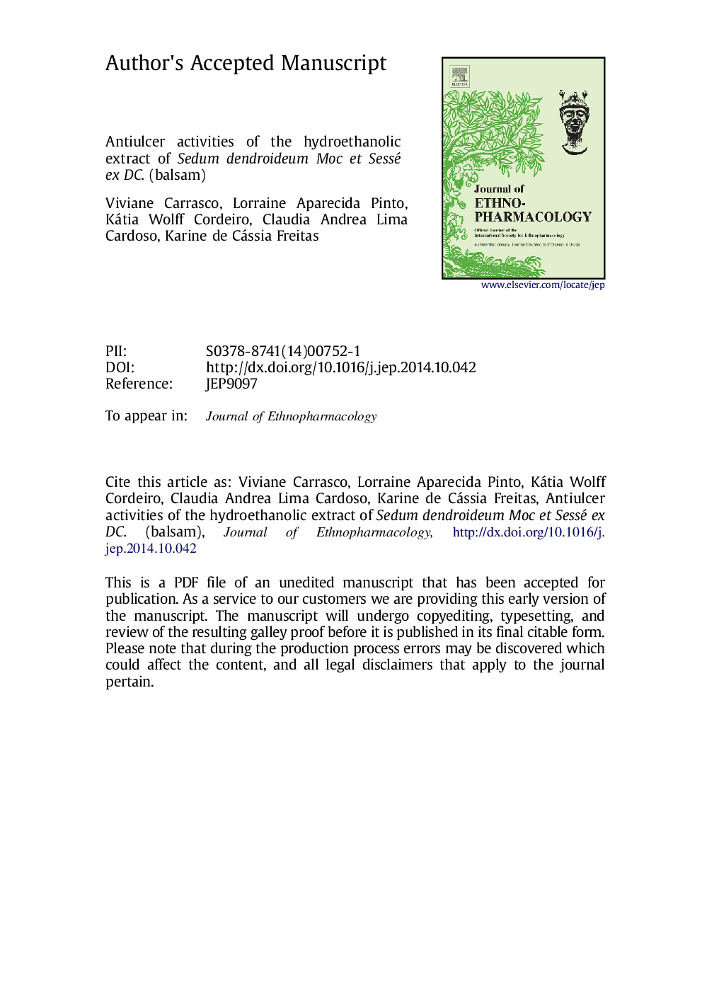 Antiulcer activities of the hydroethanolic extract of Sedum dendroideum Moc et Sessé ex DC. (balsam)