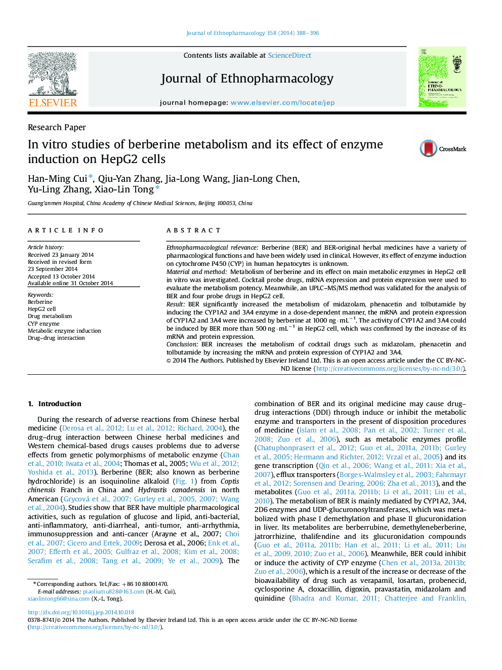 Research PaperIn vitro studies of berberine metabolism and its effect of enzyme induction on HepG2 cells