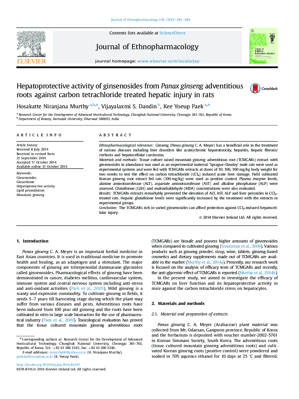 Hepatoprotective activity of ginsenosides from Panax ginseng adventitious roots against carbon tetrachloride treated hepatic injury in rats