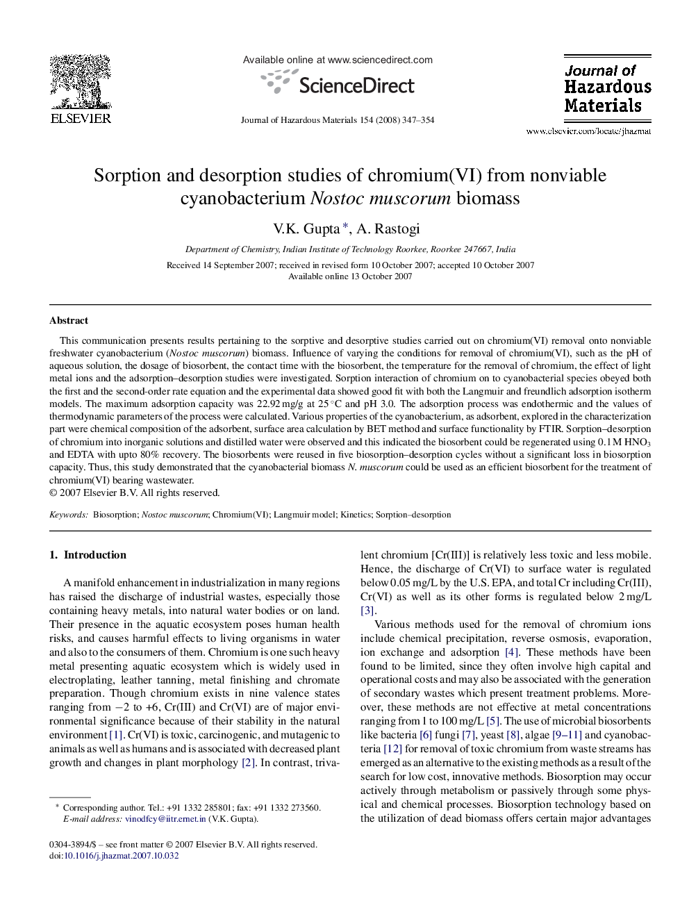 Sorption and desorption studies of chromium(VI) from nonviable cyanobacterium Nostoc muscorum biomass