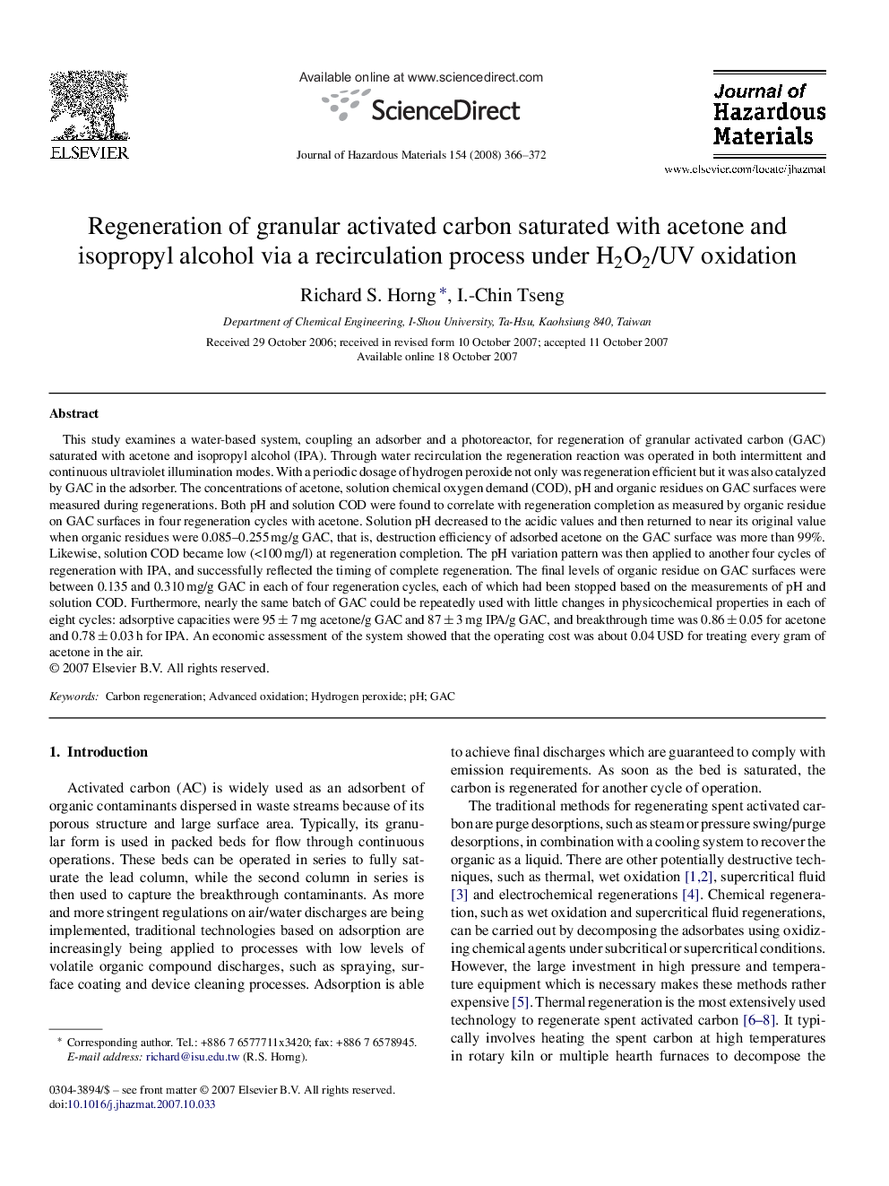 Regeneration of granular activated carbon saturated with acetone and isopropyl alcohol via a recirculation process under H2O2/UV oxidation