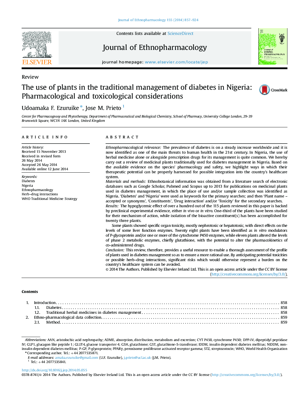 The use of plants in the traditional management of diabetes in Nigeria: Pharmacological and toxicological considerations