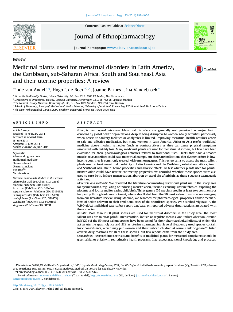 ReviewMedicinal plants used for menstrual disorders in Latin America, the Caribbean, sub-Saharan Africa, South and Southeast Asia and their uterine properties: A review