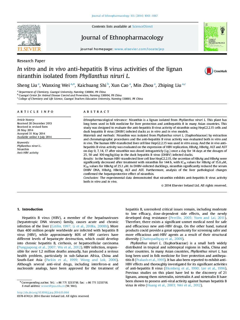 Research PaperIn vitro and in vivo anti-hepatitis B virus activities of the lignan niranthin isolated from Phyllanthus niruri L.