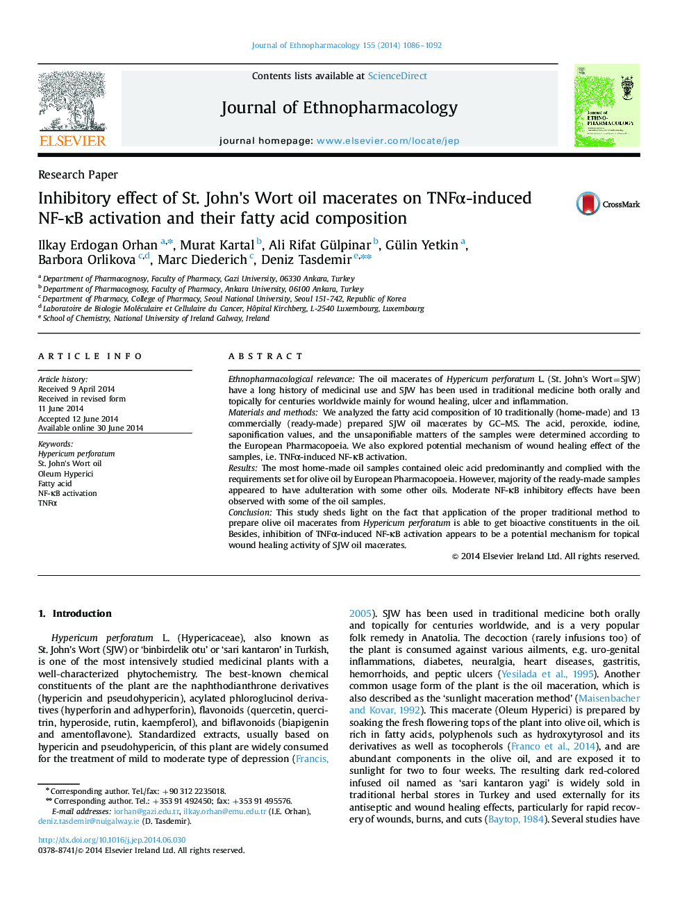 Research PaperInhibitory effect of St. John×³s Wort oil macerates on TNFÎ±-induced NF-ÎºB activation and their fatty acid composition