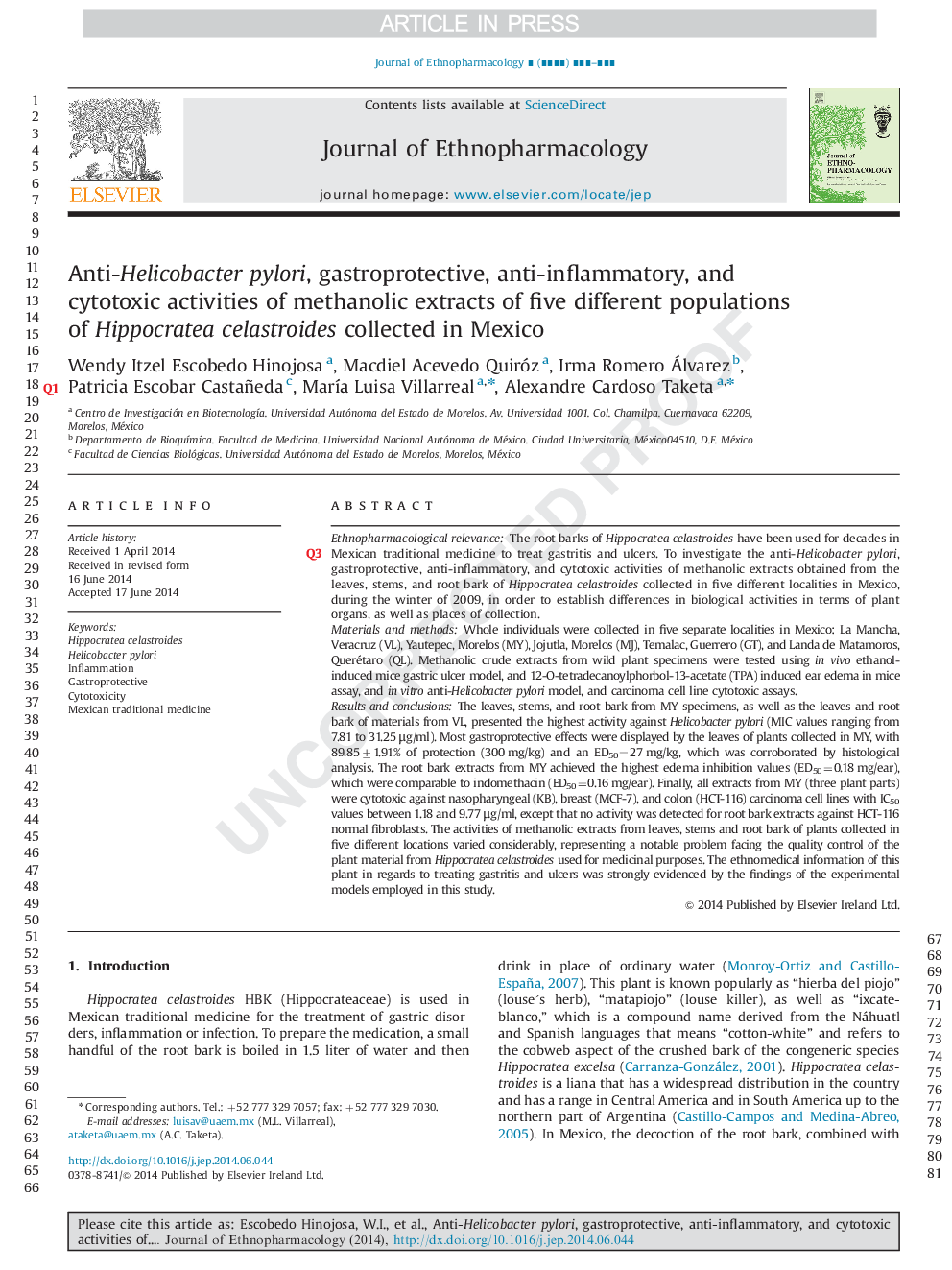 Anti-Helicobacter pylori, gastroprotective, anti-inflammatory, and cytotoxic activities of methanolic extracts of five different populations of Hippocratea celastroides collected in Mexico