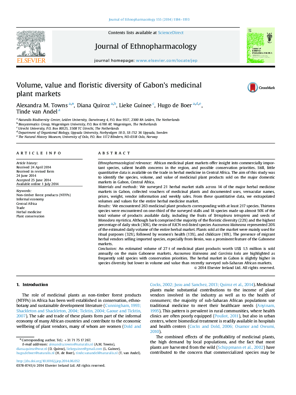 Volume, value and floristic diversity of Gabon×³s medicinal plant markets