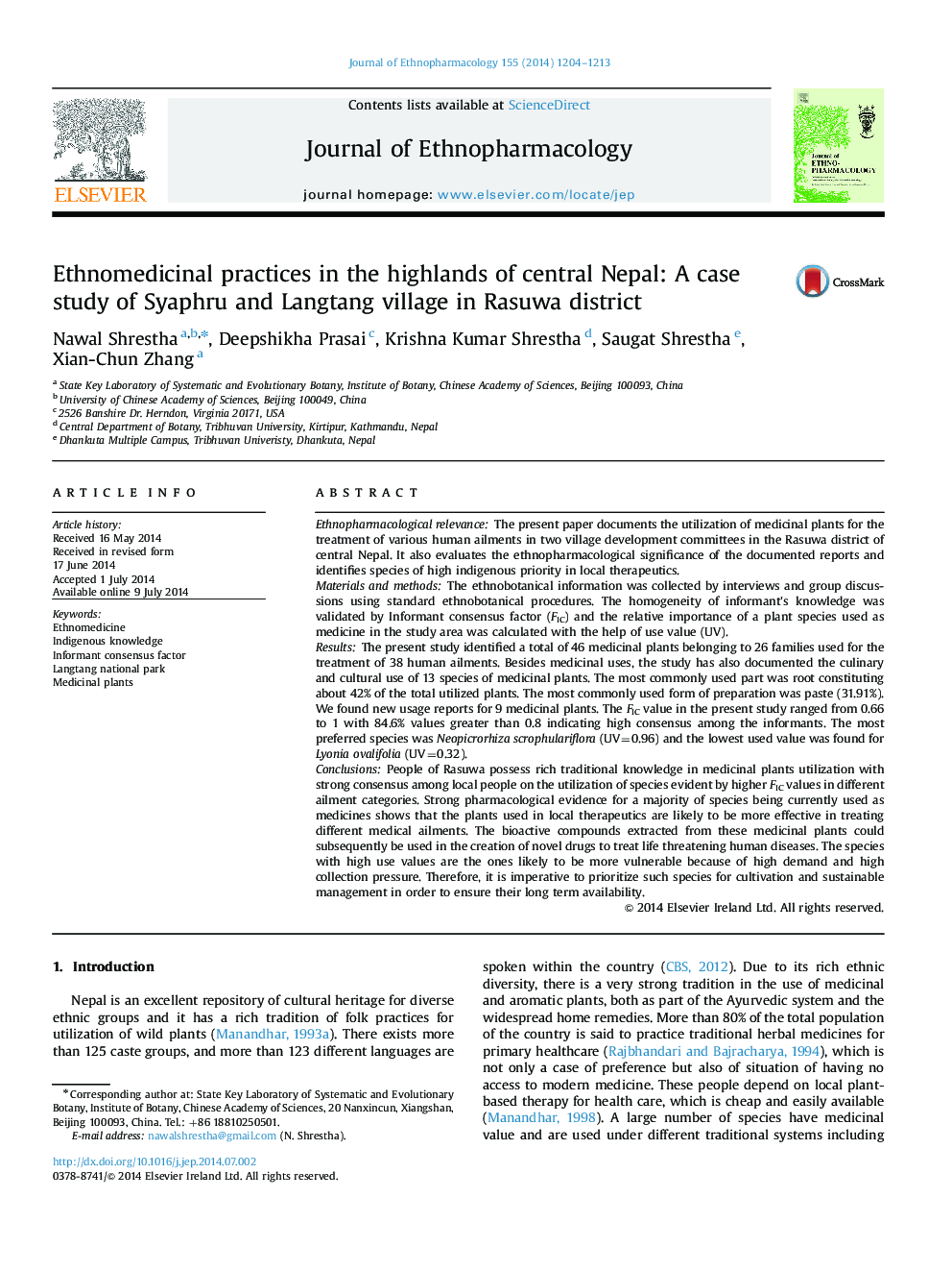 Ethnomedicinal practices in the highlands of central Nepal: A case study of Syaphru and Langtang village in Rasuwa district