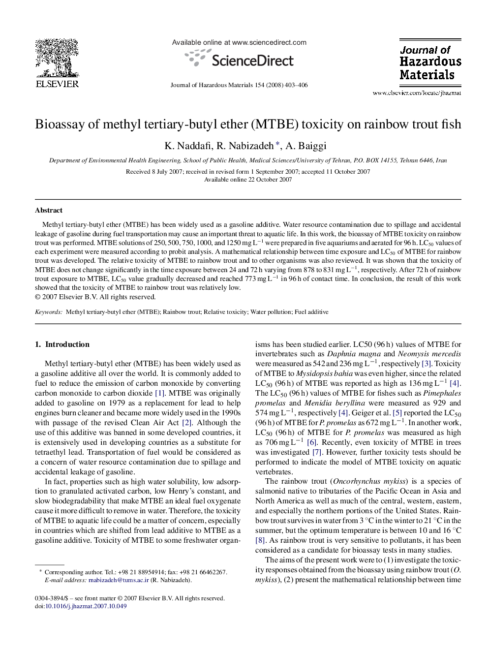 Bioassay of methyl tertiary-butyl ether (MTBE) toxicity on rainbow trout fish