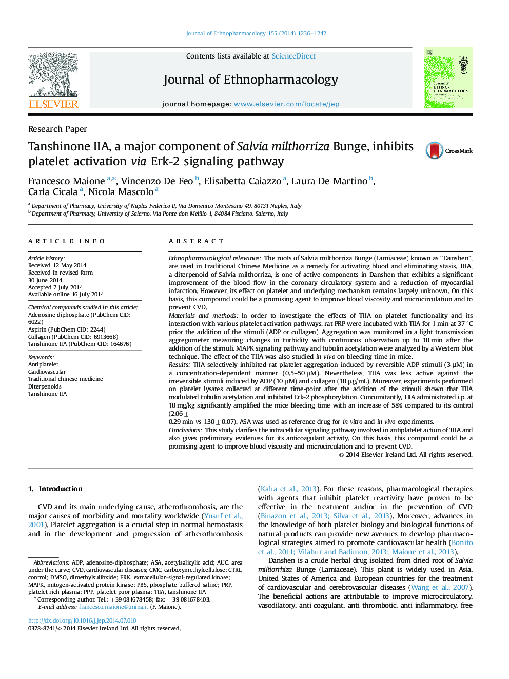 Research PaperTanshinone IIA, a major component of Salvia milthorriza Bunge, inhibits platelet activation via Erk-2 signaling pathway