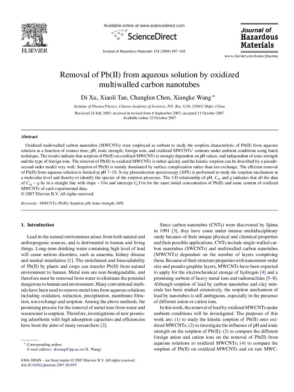 Removal of Pb(II) from aqueous solution by oxidized multiwalled carbon nanotubes