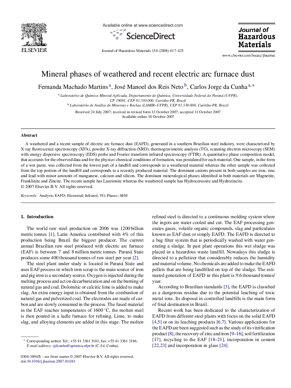 Mineral phases of weathered and recent electric arc furnace dust