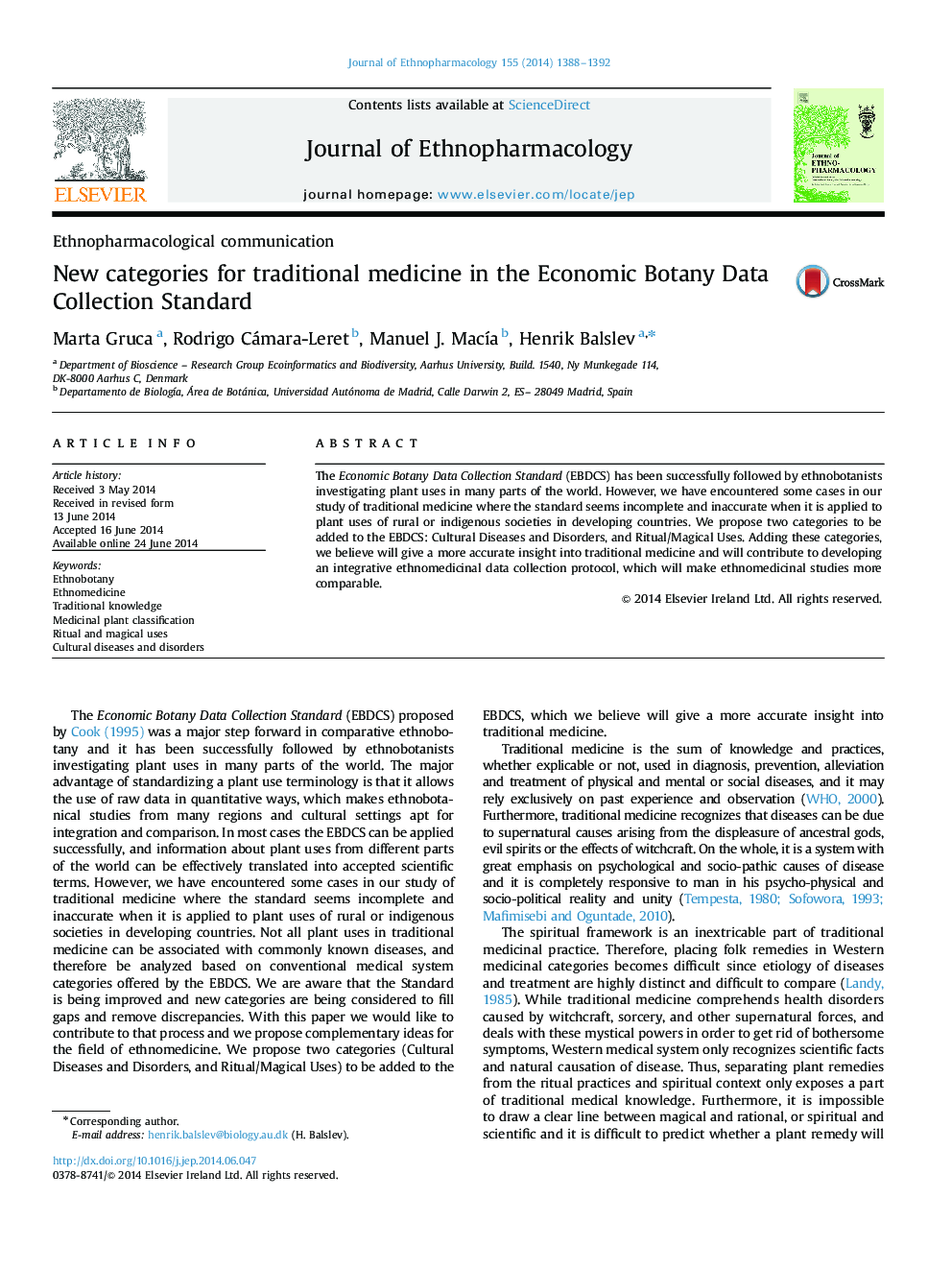 Ethnopharmacological communicationNew categories for traditional medicine in the Economic Botany Data Collection Standard