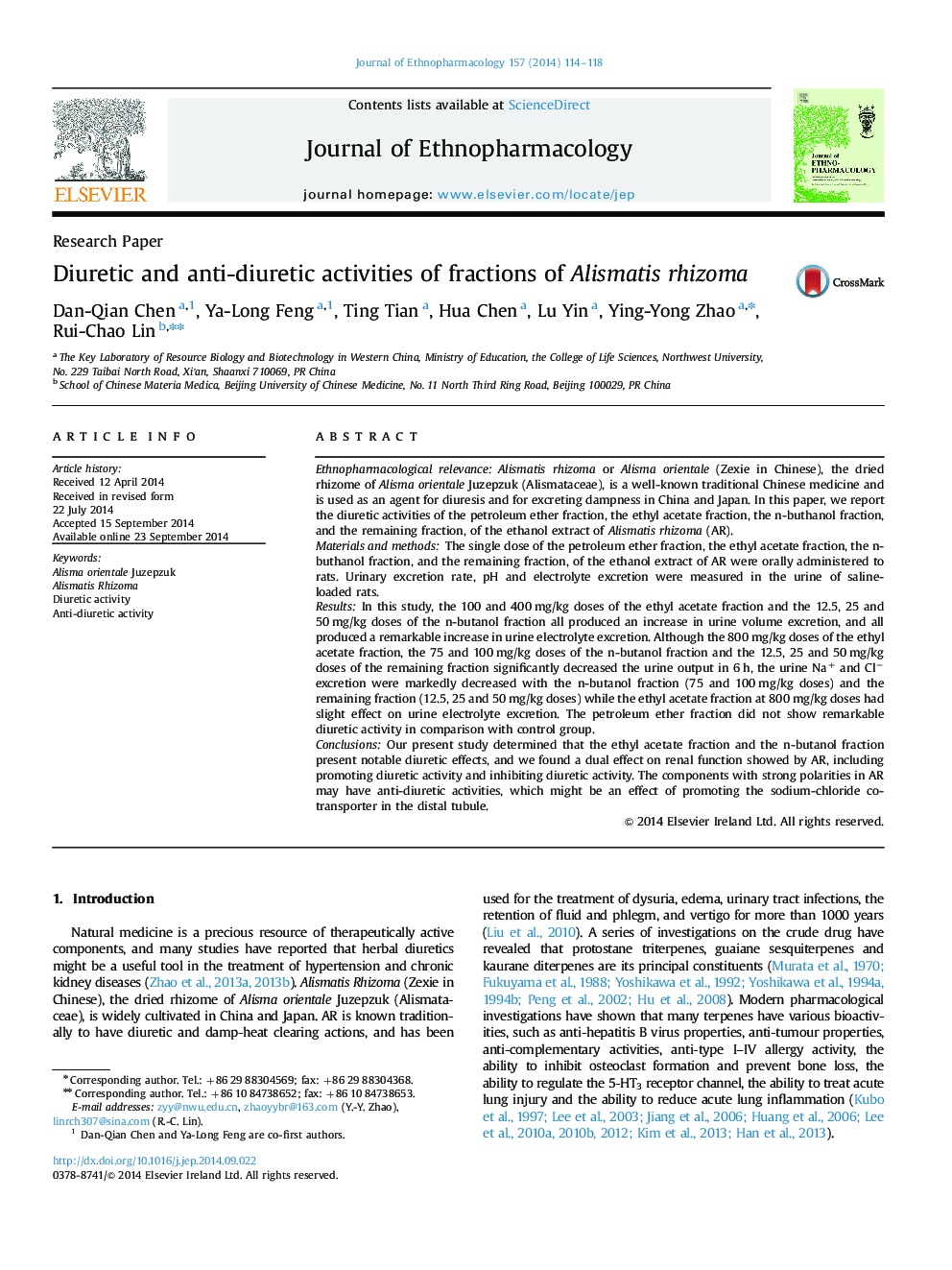 Research PaperDiuretic and anti-diuretic activities of fractions of Alismatis rhizoma